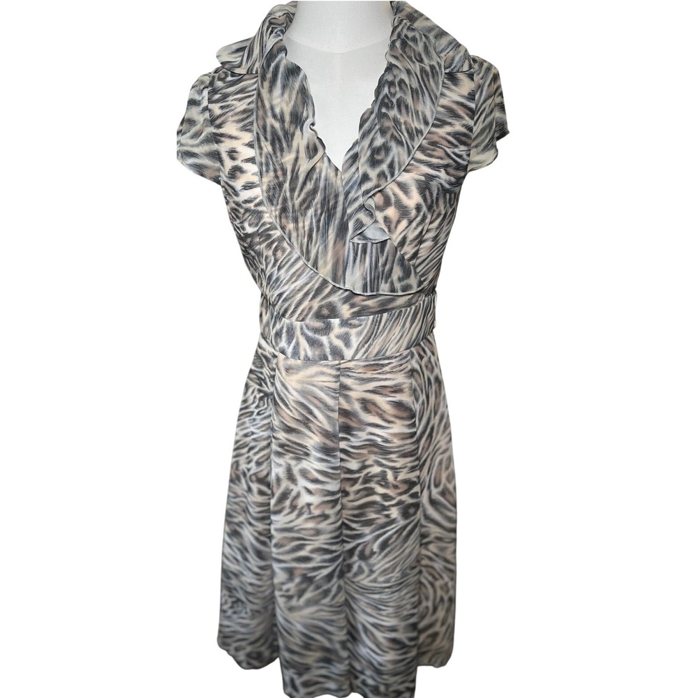 Dalila Tiger Print Chiffon Dress Ruffle V Neck‎ Fit Flare Size M 38
